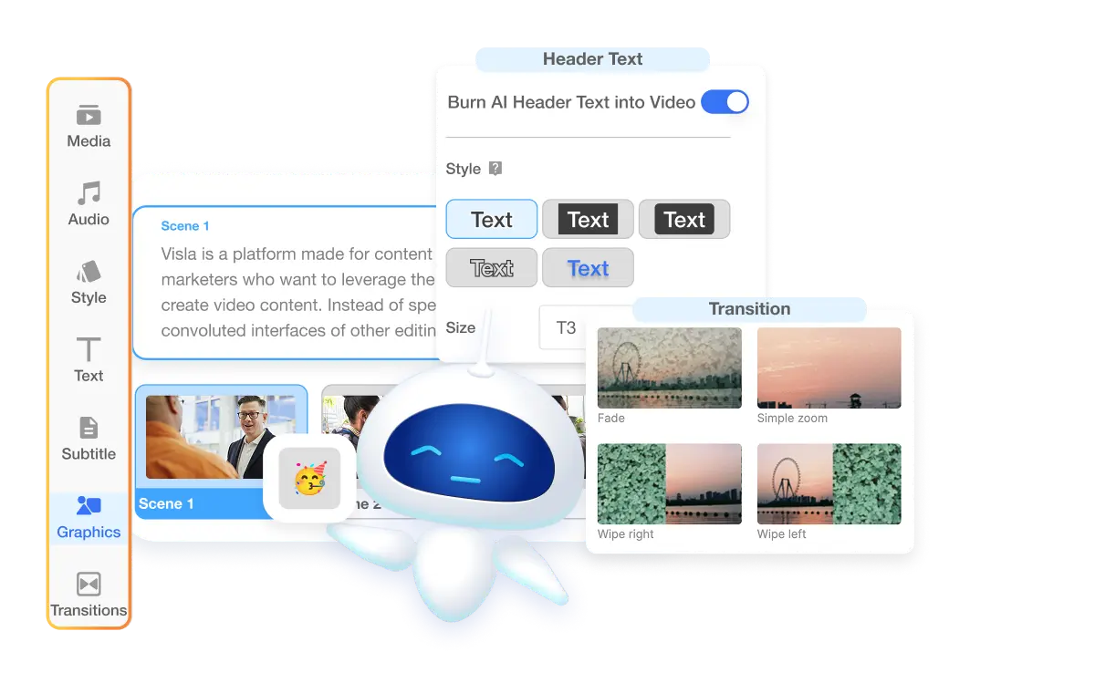 Edit your Visla Idea to Video project by swapping scenes, adjusting branding, or adding animations and text.